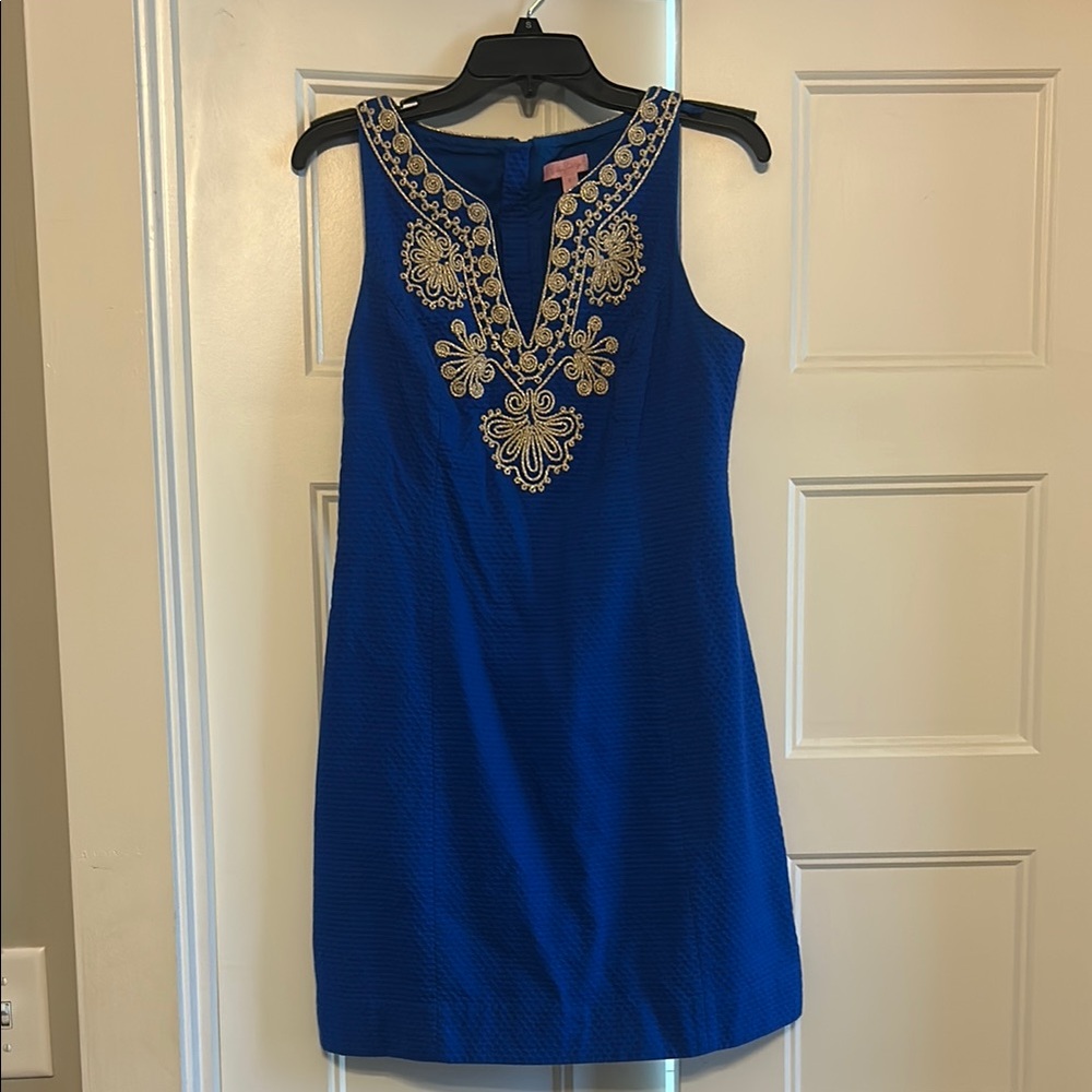Lilly Pulitzer Blue Dress with Gold Embroidery